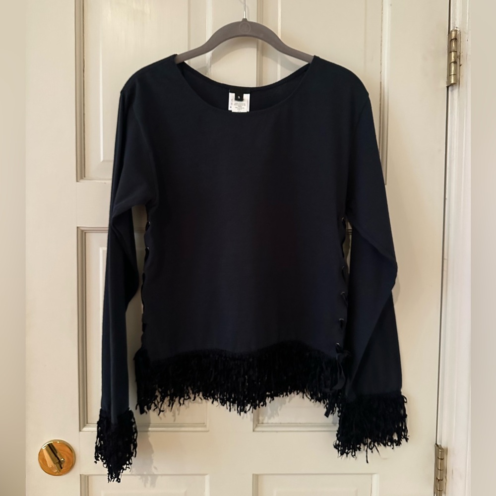 Vintage Anna Sui long sleeve top, fringed cuffs, side lacing. Black. size small